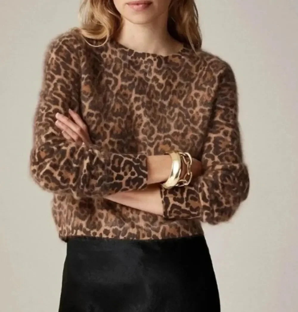 J. Crew 100% Cashmere Shrunken Brushed Crewneck Sweater Leopard Print Fuzzy